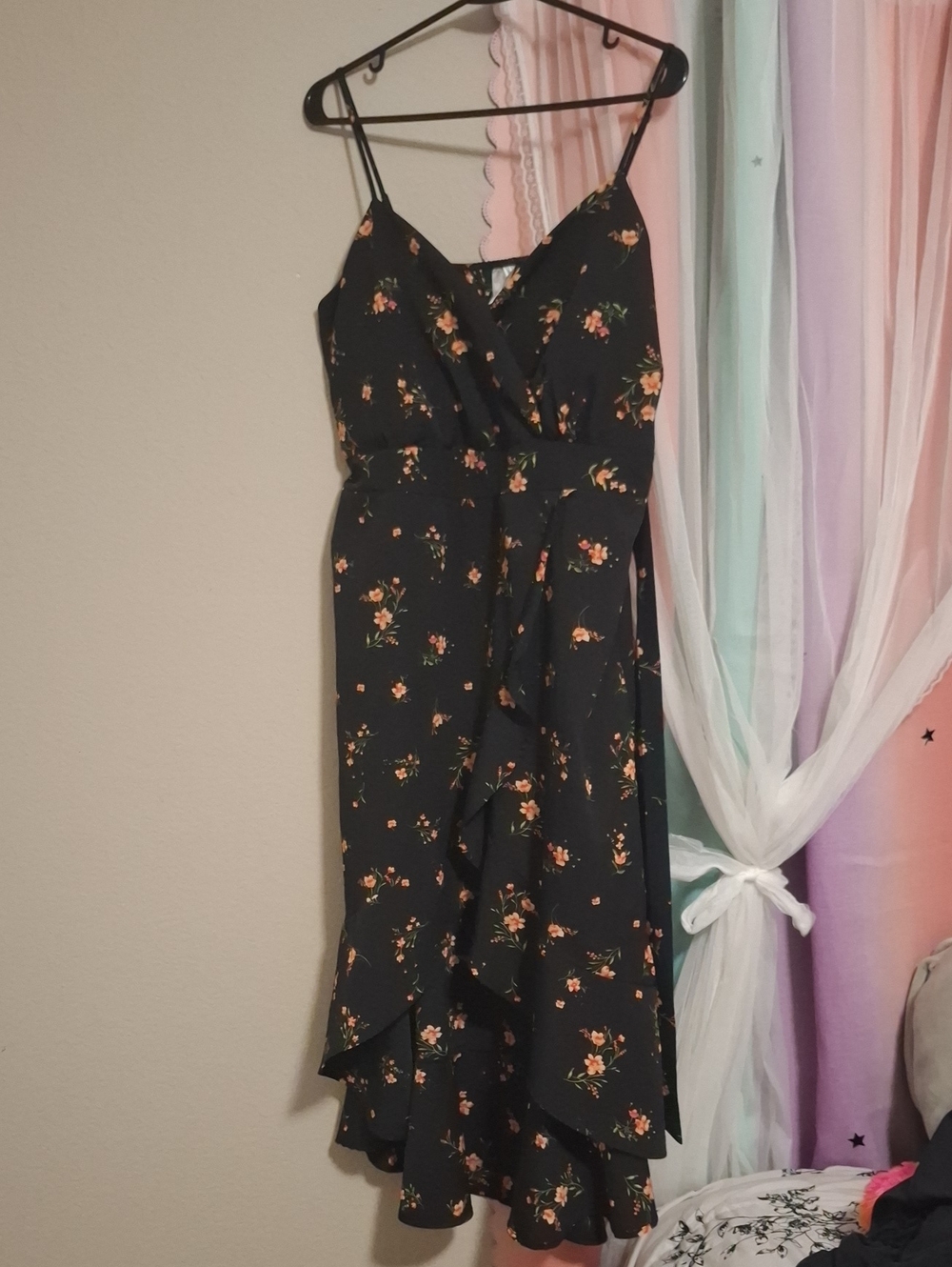 NOBO Black Floral High-Low Ruffle Slip Dress with Peach Blooms